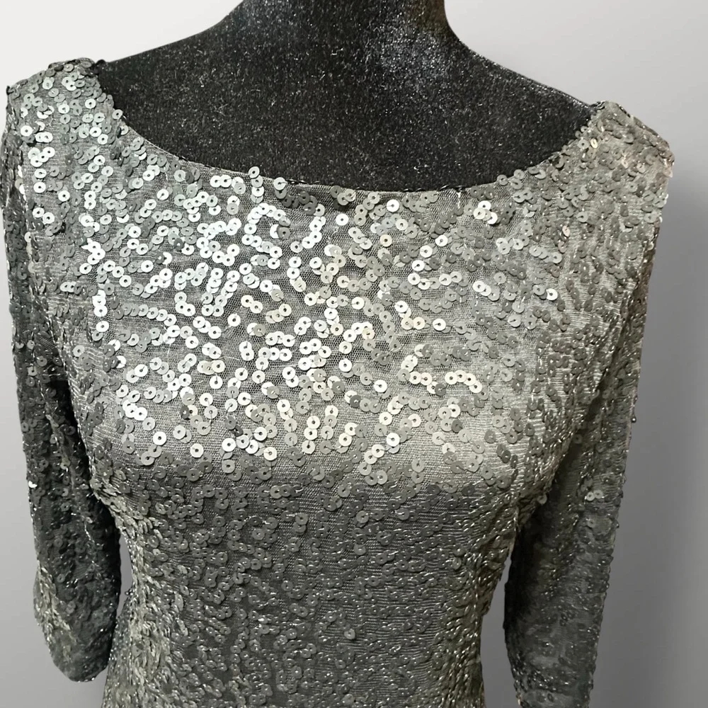 Jessica Simpson Black Sequin Long Sleeve Draped Back Mini Dress Sz 8 NWT - Picture 2 of 9